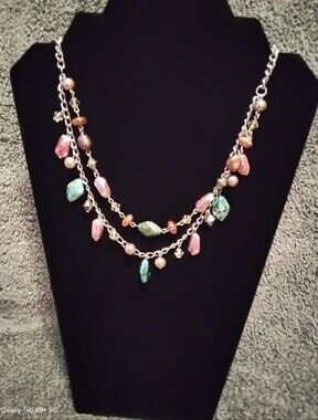 Quarts Pink And Green Silvertone Necklace